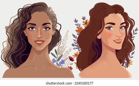 Cartoon Beauty female portrait. Elegant girl avatar vector illustrationt