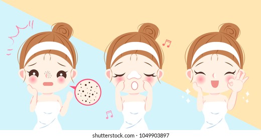 cartoon beauty woman with acne problem on nose before and after