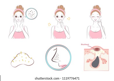 cartoon beauty woman with acne problem on nose before and after