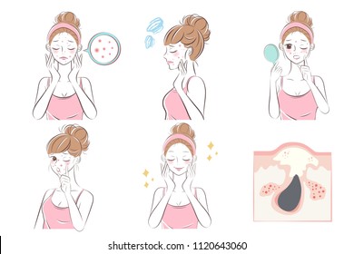 cartoon beauty woman with acne problem on nose before and after