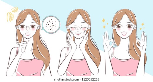 cartoon beauty woman with acne problem on nose before and after