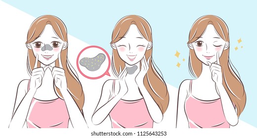 cartoon beauty woman with acne problem on nose before and after