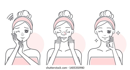 cartoon beauty woman with acne problem on nose before and after