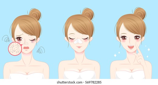 cartoon beauty woman with acne problem on nose before and after