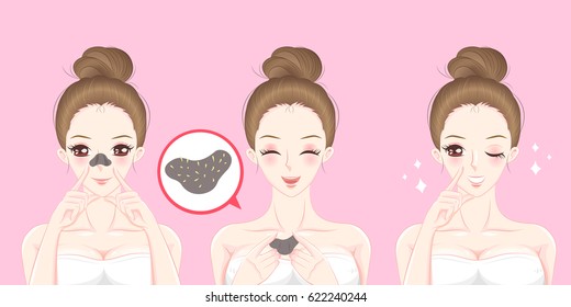 cartoon beauty woman with acne problem on nose before and after