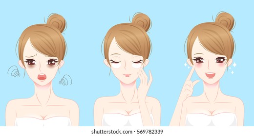 cartoon beauty woman with eye mask problem before and after