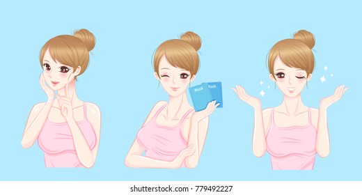 cartoon beauty woman with skin care on the blue background