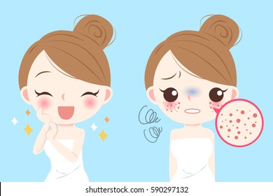 cartoon beauty woman with skincare problem before and after