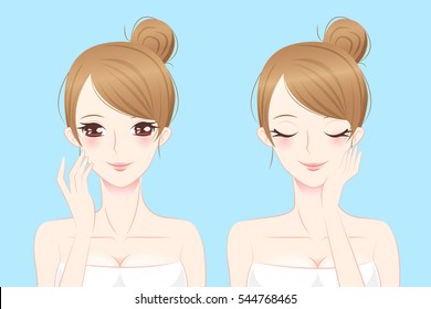 cartoon beauty woman touch her face with makeup