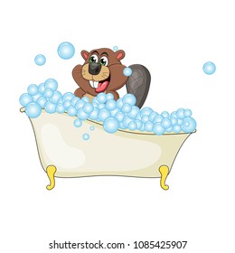 Cartoon beaver in bathtub witth bubbles isolated on white background
