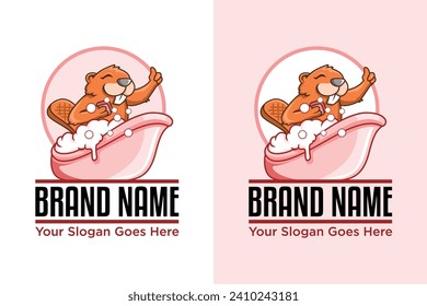 Cartoon beaver in bathtub witth bubbles illustration vector logo design
