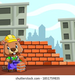The cartoon of the beaver builder holding the bricks and cement for making a good wall