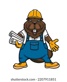 Cartoon beaver builder mascot, worker or engineer, vector animal character. Construction and building architect or carpenter funny beaver in hardhat helmet with construction projects in uniform