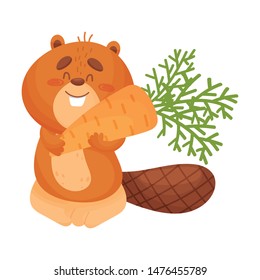 Cartoon beaver with carrots. Vector illustration on white background.