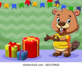 The cartoon of the beaver celebrate his birthday with a lot of gift beside him