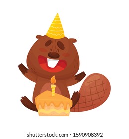 Cartoon Beaver Character Blowing Out the Candle on Birthday Cake Vector Illustration