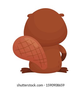 Cartoon Beaver Character Standing Back Viewed Vector Illustration