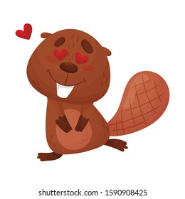 Cartoon Beaver Character Standing with Hearts in His Eyes Vector Illustration