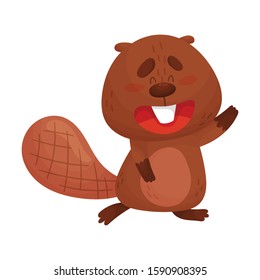 Cartoon Beaver Character Standing and Waving Paw Vector Illustration