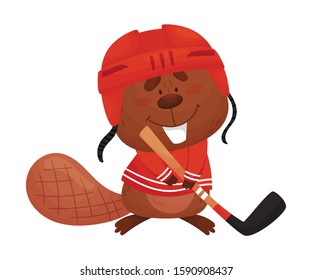 Cartoon Beaver Character Standing Wearing Hockey Uniform Ready to Play Hockey Vector Illustration