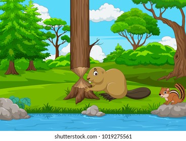 Cartoon beaver cutting a tree in the forest