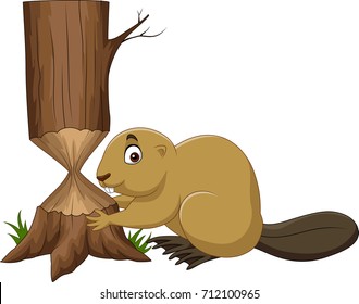 Cartoon beaver cutting tree isolated on white background