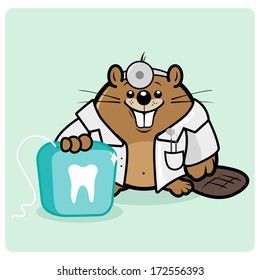 Cartoon beaver dentist with clean teeth holding a dental floss. Beaver dentist doctor. Vector Illustration
