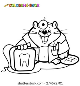 Cartoon beaver dentist smiling and holding a dental floss. Vector black and white coloring page.
