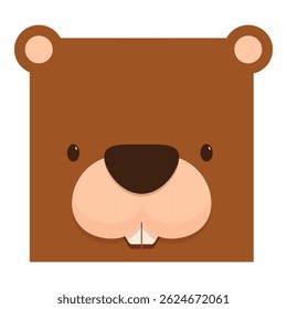 Cartoon beaver face with big teeth smiling on a white background