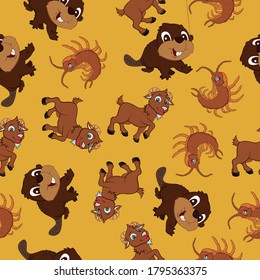Cartoon Beaver, Goat, Centipede . Animal Seamless Vector Pattern Design Background
