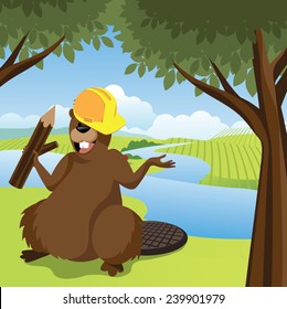Cartoon beaver in hardhat at the river. EPS 10 vector stock illustration
