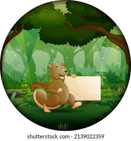 Cartoon a beaver holding blank sign in the forest in circular frame