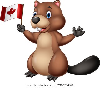 Cartoon beaver holding Canadian flag