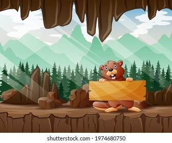 Cartoon a beaver holding wooden sign in the cave entrance