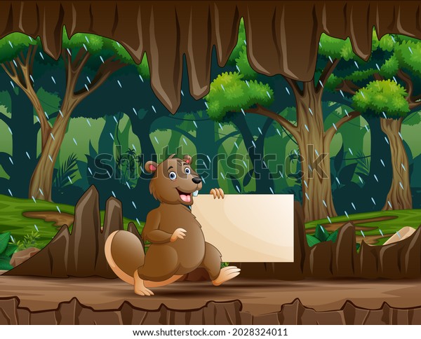 Cartoon\
a beaver holding wooden sign in the cave\
entrance