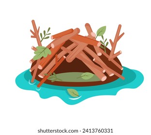 Cartoon beaver hut made of sticks and logs on white background. Animal building. Vector isolated illustration. 