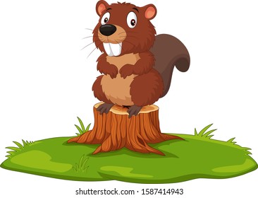 Cartoon beaver on tree stump