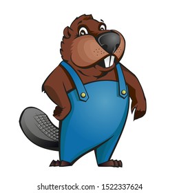Cartoon beaver in overalls. Vector illustration.