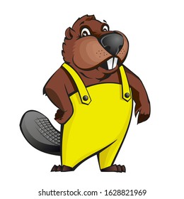 Cartoon beaver in overalls. Vector illustration.