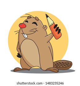 cartoon beaver with pencil kids illustration