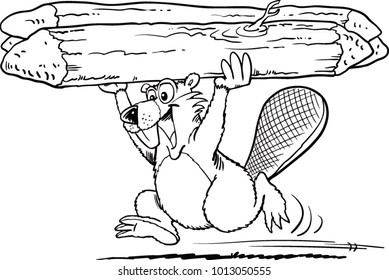 Cartoon beaver with a piece of wood
