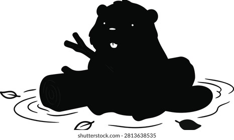 Cartoon beaver sitting on a log with a stick illustration vector graphic