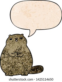 cartoon beaver with speech bubble in retro texture style