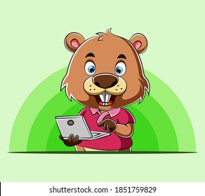 The cartoon of the beaver standing and holding his laptop for presentation