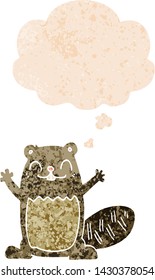 cartoon beaver with thought bubble in grunge distressed retro textured style