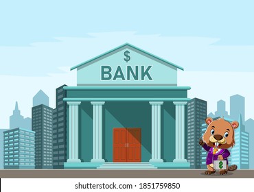 The cartoon of the beaver walking in front of the bank and bring the suitcase