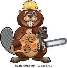 cartoon beaver wearing safety helmet and holding chainsaw