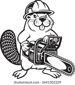cartoon beaver wearing safety helmet and holding chainsaw	