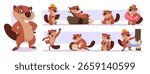 Cartoon beavers. Cute forest animals beavers working on river exact vector templates