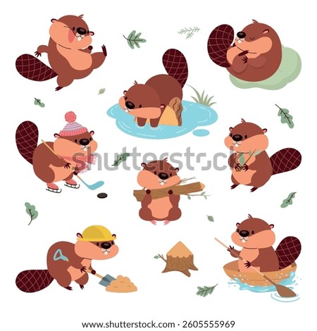 Cartoon beavers. Funny beaver in different poses. Wild animals working, building dam from wooden logs, sleeping and play hockey, nowaday vector set